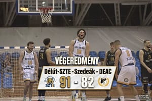 delut-szte-szedeak-deac-foto-szokodi-laszlo-szokodi-academy-media-5 - szokodi academy media Celebrating basketball players on a court as a final-score banner reads 91-82 for SZTE Szedeák over DEAC, with'VÉGEREDMÉNY' at the top.